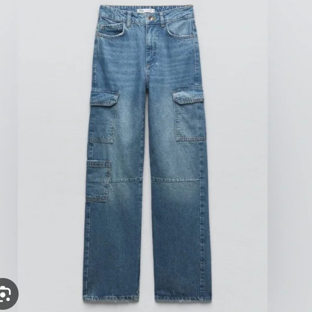 NEW WOMEN'S ZARA CARGO DARK BLUE JEANS DENIM PANTS $90 SZ 4